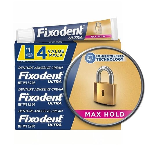 Fixodent Ultra Max Hold Secure Denture Adhesive Cream for Full and Partial Denture Wearers, 2.2oz (Pack of 4)
