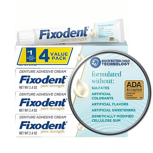 Fixodent Pure Strength Secure Denture Adhesive Cream for Full and Partial Denture Wearers, 2.4oz (Pack of 4)