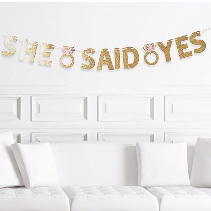 Sparkling "She Said Yes" Wedding Letter Banner - 6" Letters with 12' Ribbon | Stunning Gold & Pink Glittered Paper | Perfect for Engagement Celebrations & Bridal Showers