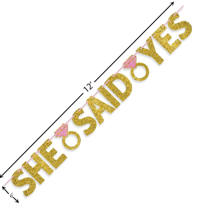 Sparkling "She Said Yes" Wedding Letter Banner - 6" Letters with 12' Ribbon | Stunning Gold & Pink Glittered Paper | Perfect for Engagement Celebrations & Bridal Showers
