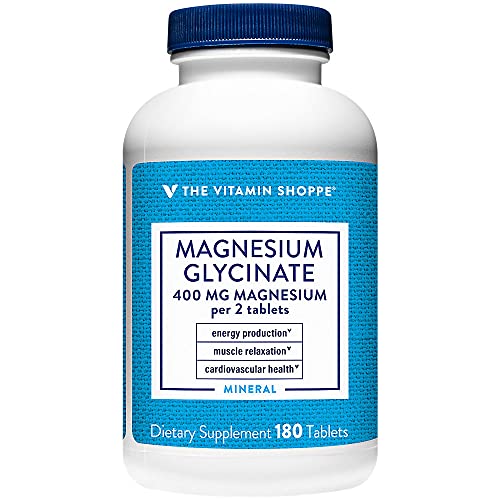 The Vitamin Shoppe Magnesium Glycinate 400MG, Supports Energy Production, Muscle Relaxation and Heart Health (180 Tablets)