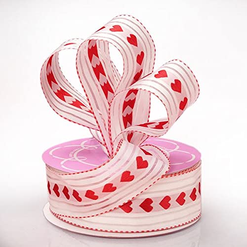 1 1/2" X 25 Yards White/Red Heart with Stripe Ribbon