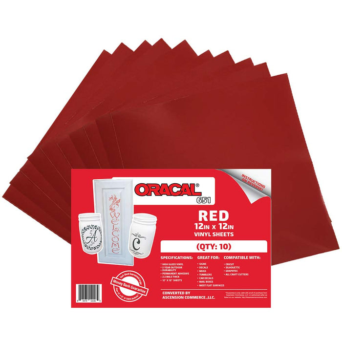 (10) 12" x 12" Sheets - Oracal 651 Red Adhesive Craft Vinyl for Cricut, Silhouette, Cameo, Craft Cutters, Printers, and Decals - Gloss Finish - Outdoor and Permanent