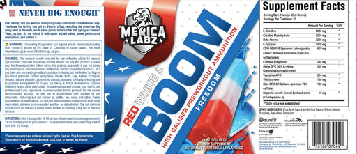 'Merica Labz Red, White, and Boom, High Caliber Pre Workout with VasoDrive-AP®, 350mg Caffeine, Max Energy, Pump and Focus, Increased Blood Flow and Muscle Volume, 20 Servings (Freedom)