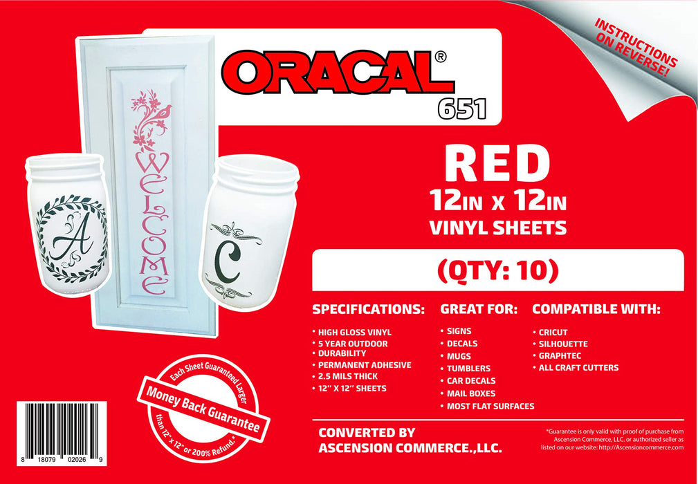 (10) 12" x 12" Sheets - Oracal 651 Red Adhesive Craft Vinyl for Cricut, Silhouette, Cameo, Craft Cutters, Printers, and Decals - Gloss Finish - Outdoor and Permanent