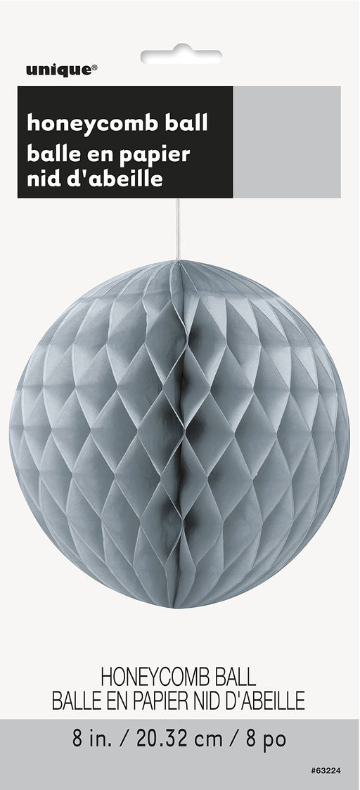 Solid Silver Hanging Paper Honeycomb Ball - 8'', 1 Count - Perfect for Parties & Home Decor