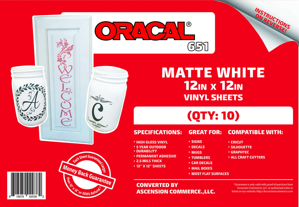 (10) 12" x 12" Sheets - Oracal 651 Matte White Adhesive Craft Vinyl for Cricut, Silhouette, Cameo, Craft Cutters, Printers, and Decals - Matte Finish and Outdoor and Permanent