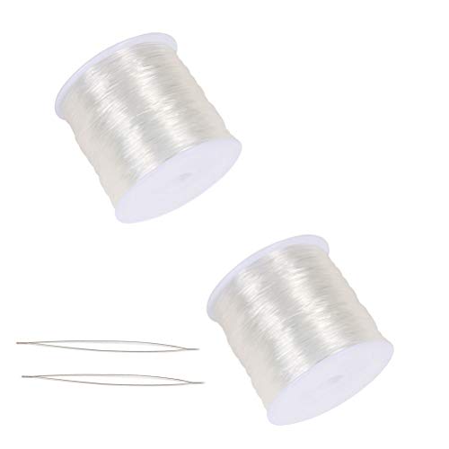 0.5mm Crystal Elastic String - 2 Roll Clear White Stretchy Bead Cord String & 2 Root Threading Needles for Bracelet,Beading, Jewelry Making(100m/Roll), Clear