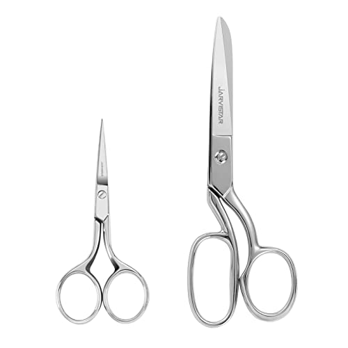 JARVISTAR 8” All Purpose Fabric Tailor Scissors Heavy Duty, Sharp Bent Dressmaker Shears and 4" Precision Small Pointed Embroidery Scissors for Crafts, Thread Needlework, Sewing &Yarn, Stainless Steel