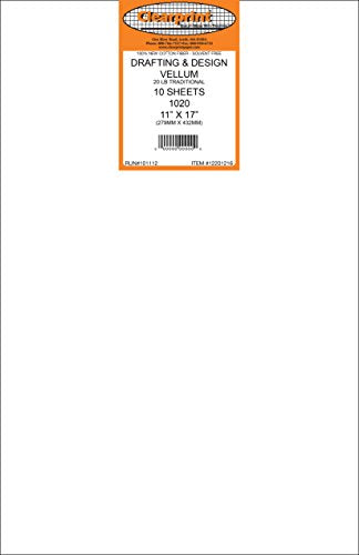 Clearprint 1020H Design Vellum Sheets, 20 lb, 100% Cotton, 11 x 17 Inches, 10 Sheets Per Pack, Translucent White, 1 Each (12201216)