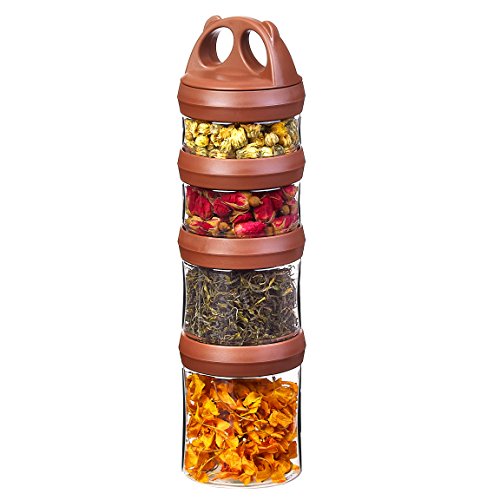 SELEWARE Portable Stackable Food Storage Containers for Snacks Formula Powder and Drinks Twist Lock System Airtight Leak-proof BPA and Phthalate Free 4 Piece Jars 31oz Brown