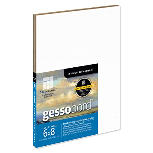 Ampersand Art Supply Gesso Wood Painting Panel: Museum Series Gessobord, 6" x 8", 1/8 Inch Flat Profile, Pack of 3