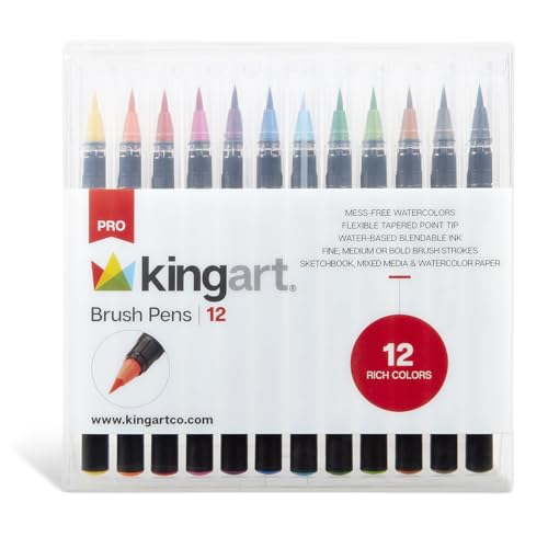 KINGART Pro Brush Pens, 12 Colors for Real Watercolor Painting with Flexible Nylon Brush Tips, Paint Markers for Coloring, Calligraphy and Drawing for Artists and Beginner Painters