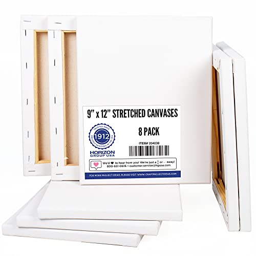 Horizon Group USA Stretched Canvas 9" x 12" 8 PK, 16mm Thick, 100% Cotton, for Painting, Pouring, Oil Paint, Multi-Media Art, 8-Pack (204038)