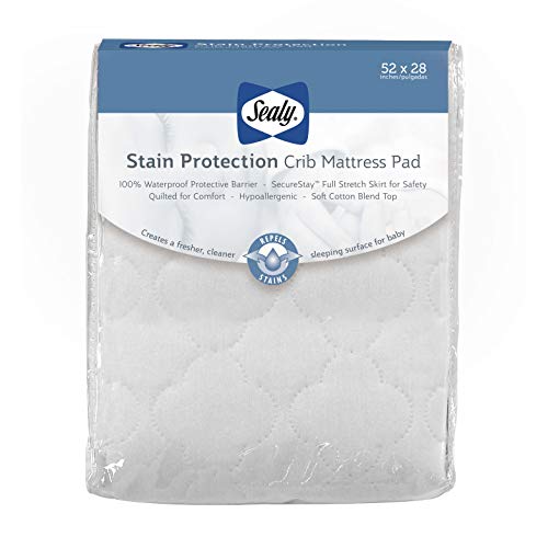 Sealy Stain Protection Waterproof Fitted Toddler and Baby Crib Mattress Pad Cover Protector - 52" x 28" - White