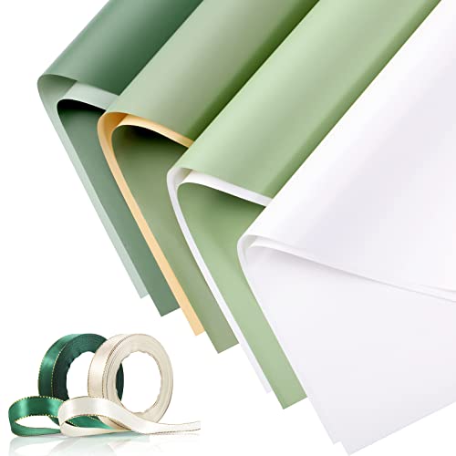 36 Sheets Double Sided Flower Wrapping Paper Floral Bouquet Paper Waterproof Florist Packaging Paper and 50 Yards Satin Ribbon with Gold Border for Valentines Day Wedding Engagement(Green Series)