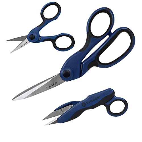 SINGER ProSeries Sewing Scissors Bundle, 8.5" Heavy Duty Fabric Scissors, 4.5" Detail Embroidery Scissors, 5" Thread Snips with Comfort Grip (Dark Blue)