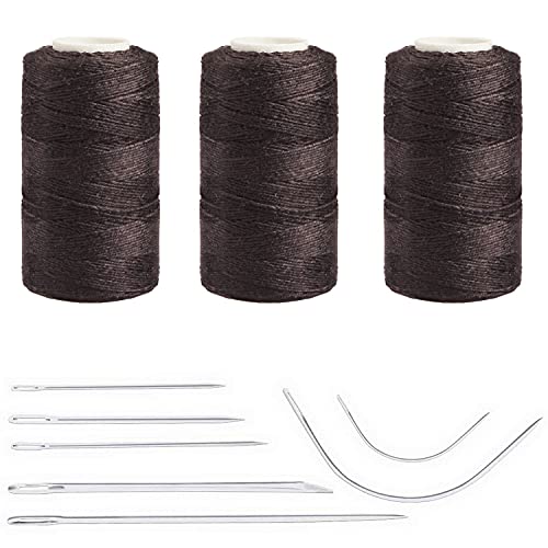 3 Rolls Hair Extension Thread Sewing Threads Hair Weave Threads with 7Pcs Curved Upholstery Needles WaxThread for Hand Sewing, Hair Extensions, Making Wigs DIY (Brown)