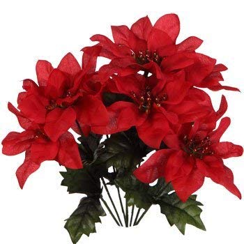 (Pack of 4) Christmas House 7-stem Red Poinsettia Bushes with Glittered Accents, 13"