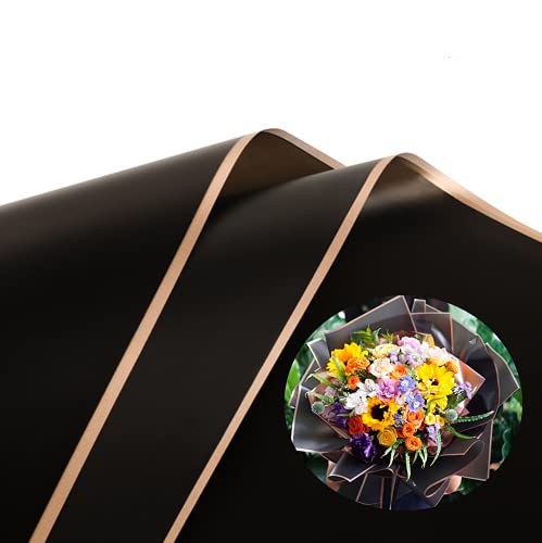 Rikyo 40 Counts Fresh Flowers Wrapping Paper,Wraps Waterproof Floral Wrapping Paper Sheets Fresh Flowers Bouquet Gift Packaging Korean Florist Supplies,Gold Edge 22 3/4 x 22 3/4 Inch (Black)