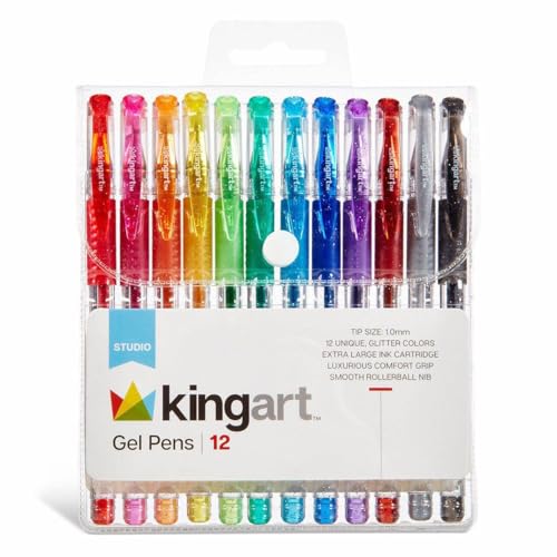 KINGART 400-12 Glitter Rollerball Gel Pens, 12 Sparkling Colors with Soft-Grip Comfort, XL Ink Cartridge - More Ink, Great for All Ages, Writing, Coloring, Doodling, Scrapbooking, Journaling & More