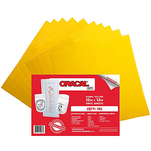 (10) 12" x 12" Sheets - Oracal 651 Signal Yellow Adhesive Craft Vinyl for Cricut, Silhouette, Cameo, Craft Cutters, Printers, and Decals - Gloss Finish and Outdoor and Permanent
