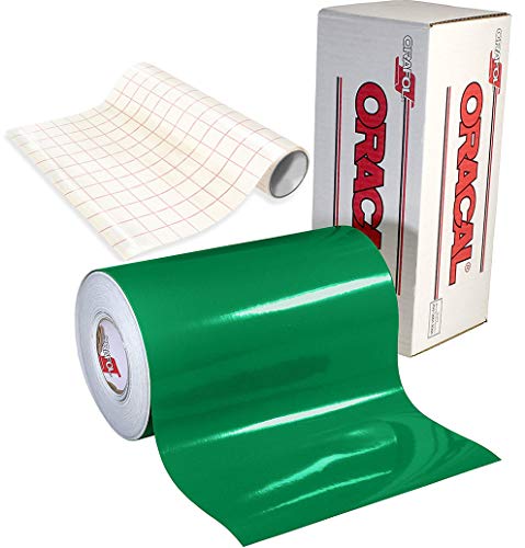 ORACAL 651 Gloss Green Adhesive Craft Vinyl for Cameo, Cricut & Silhouette Including Free Roll of Clear Transfer Paper (15ft x 12")