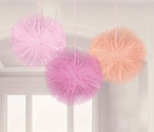 Deluxe Round Tulle Fluffy Decoration, 12" (3-Pack) | Assorted Girly Hues for Baby Girl Showers, Birthdays & Celebrations