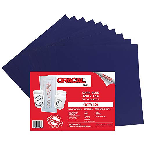 (10 Sheets) Oracal 651 Dark Blue Adhesive Craft Vinyl for Cricut, Silhouette, Cameo, Craft Cutters, Printers, and Decals - 12" x 12" - Gloss Finish - Outdoor and Permanent