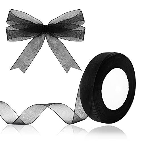 Hiswan 3/4 inch Sheer Organza Ribbon 50 Yards Black Chiffon Ribbon for Gift Wrapping Wedding Bouquet Crafts