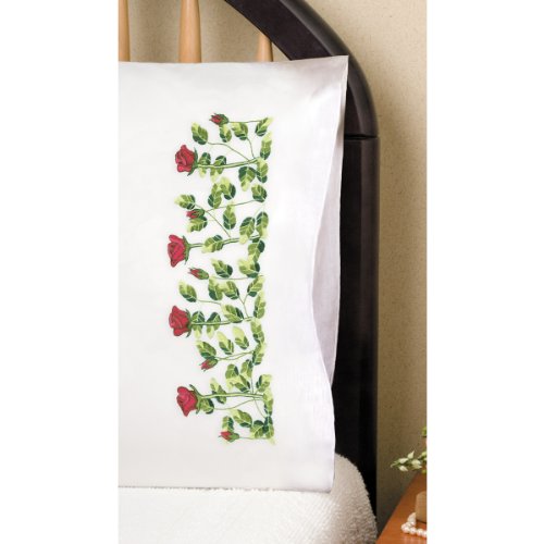 Tobin Stamped Pillowcase Pair Stamped Cross Stitch Kit for Embroidery, 20 by 30-Inch, Rose Row , White