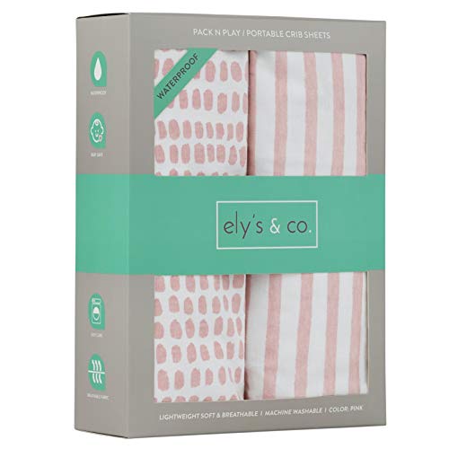 Ely's & Co. Patent Pending Waterproof Pack N Play/Mini Portable Crib Sheet with Mattress Pad Cover Protection I Mauve Pink Stripes and Splash by Ely's & Co.