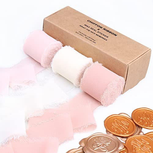 Chiffon Silk Ribbon for Gift Wrapping, Frayed Boho Ribbon for Wedding Invitation Bridal Bouquet, Pink White Cream Ribbon 3 Rolls 1.5 Inch 7 Yards, 10Pcs Wax Seal Stickers Included
