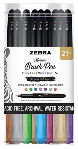 Zebra Pen Metallic, Medium Point, Pigment Ink, Assorted Colors, Count Zebra Brush Pen Cup 21/PKG, 21-Pack