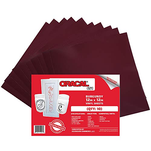 (10) 12" x 12" Sheets - Oracal 651 Burgundy Adhesive Craft Vinyl for Cricut, Silhouette, Cameo, Craft Cutters, Printers, and Decals - Gloss Finish and Outdoor and Permanent