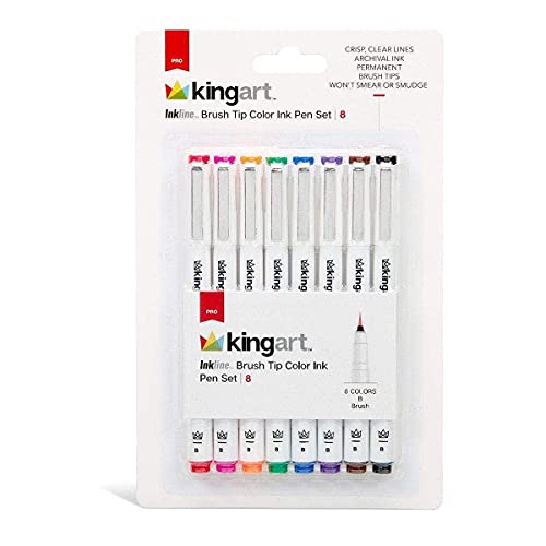 KINGART 440-8 PRO Inkline Color Micro Line & Precision Graphic Pens, 8 Colors, Fine Pt. Brush Nibs, Archival Waterproof Japanese Ink for Art, Illustration, Lettering, Anime, Technical Drawing, Manga