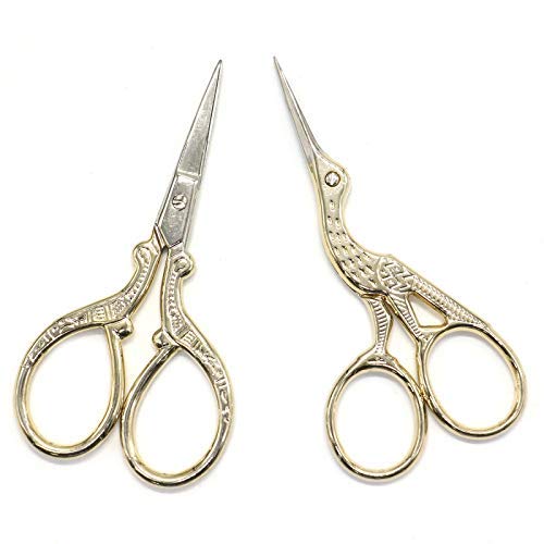 AQUEENLY Embroidery Scissors, Stainless Steel Sharp Stork Scissors for Sewing Crafting, Art Work, Threading, Needlework - DIY Tools Dressmaker Small Shears - 2 Pcs (3.6 Inches, Gold)