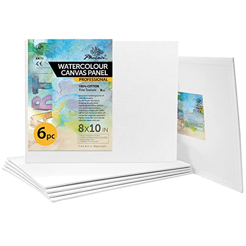PHOENIX Watercolor Canvas Panels 8x10 Inch, 6 Pack - 8 Oz Triple Primed 100% Cotton Acid Free Canvases for Painting, Blank Flat Canvas Boards for Watercolor, Acrylic, Gouache & Tempera Painting