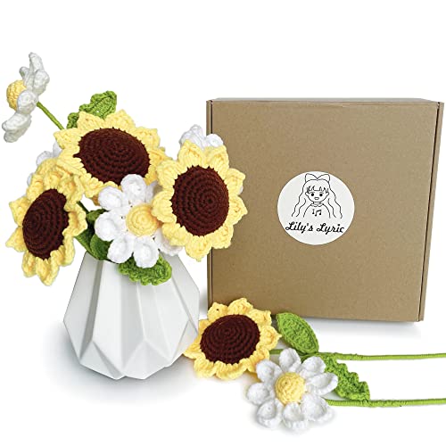 Lily's Lyric 36 Piece Crochet & Craft Kit | Crocheted Sunflower & Daisy Flower | Beginner Friendly for Adults Teenagers | DIY Home Decoration Table Centerpiece