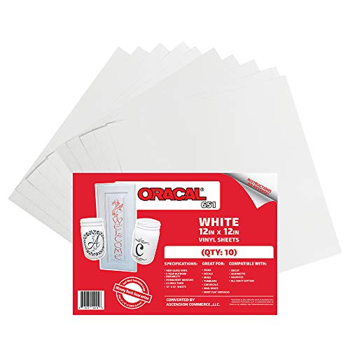 (10) 12" x 12" Sheets - Oracal 651 White Adhesive Craft Vinyl for Cricut, Silhouette, Cameo, Craft Cutters, Printers, and Decals - Gloss Finish - Outdoor and Permanent