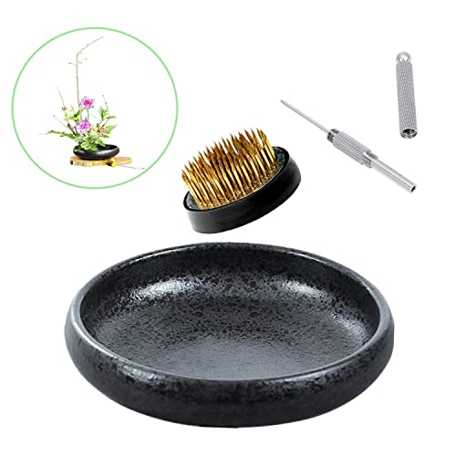 Eggone Japanese Ikebana Vase Kit, Flower Shallow Container Ceramics Ikebana Vase with 1.57inch Flower Frog and Floral Frog Floristry Kenzan Needle Straightening Tool (Frosted Bowl A with Spots)