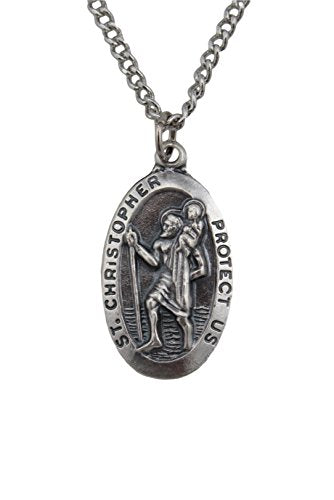 Creed Silver Tone St. Christopher Protect Us Medal, Rhodium-Plated Chain, 24-Inch
