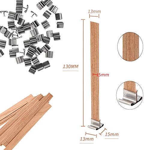 NOOR 50 Pieces Smokeless Wooden Wicks with Trimmer for Candle Making and 5.1 X 0.2 inch Booster - 5.1 X 0.5 inch Crackling Wood Wick for DIY Candles with 50pcs Metal Clips