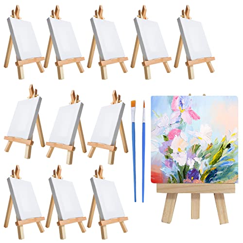 HDWXHXX Mini Canvas and Easel 12 Piece Brush 2 Piece, Canvas 4x4 Inches, Pre- Stretched Canvas, Mini for Painting Kit, Paint Party Supplies for Kids