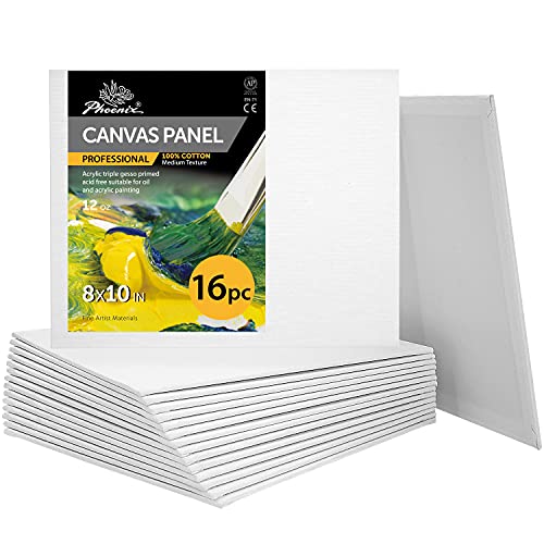 PHOENIX 12.3 Oz Professional Canvases for Painting Canvas Panels 8x10 Inch, 16 Bulk Pack - Heavy Weight Triple Primed 100% Cotton Canvas Boards for Oil, Acrylic & Tempera Paints