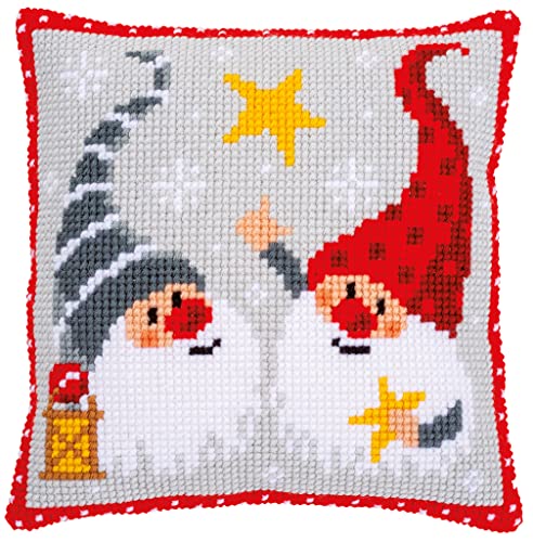 Vervaco Cross Stitch Christmas Embroidery Kits Pillow Front for Self-Embroidery with Embroidery Pattern on 100% Cotton, 15,75 x 15,75 Inches - 40 x 40 cm, Christmas Gnome Star