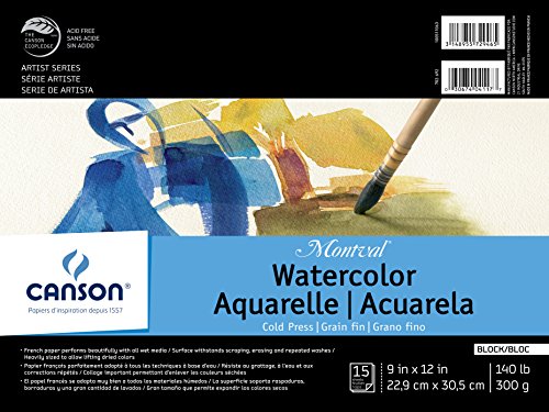 Canson Montval Watercolor Block, Cold Press Acid Free French Paper, 140 Pound, 9 x 12 Inch, 15 Sheets