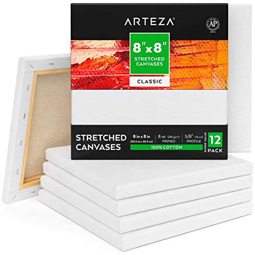 Arteza Paint Canvases for Painting, Pack of 12, 8 x 8 Inches, Square White Stretched Canvas Bulk, 100% Cotton, 8 oz Gesso-Primed, Art Supplies for Adults and Teens, Acrylic Pouring and Oil Painting
