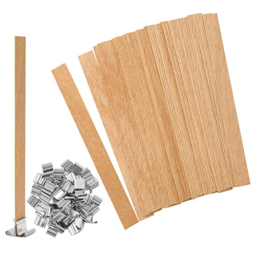 Wooden Candle Wicks, 50 Sets Candle Making Wicks 5.1 X 0.5 Inch Naturally Smokeless Wooden Candle Wicks Candle Cores with Iron Stand for DIY Candle Making,100 Pcs