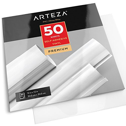 ARTEZA Self Adhesive Vinyl Sheets, 12"x12", Glossy White, Pack of 50, Waterproof and Easy to Weed & Cut, for Indoor & Outdoor Projects, Compatible with All Craft Cutters